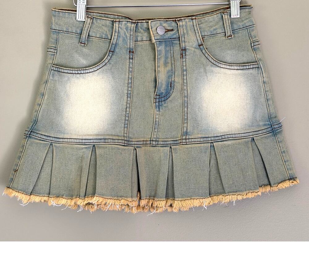 Superdown Revolve Cindy Pleated Denim Mini Skirt Faded Distressed Sz Small NWOT